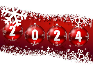 Aufkleber - New year 2024 illustration with Christmas baubles and snowflakes on red background
