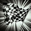 © Gerg - checkered target flag flutters in the wind brightly shining background race before stong on a flagpole speed fast sport gray formula Generative AI