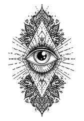 Poster - Blackwork tattoo flash. Eye of Providence. Masonic symbol. All seeing eye inside triangle pyramid. New World Order. Sacred geometry, religion, spirituality, occultism. Isolated vector illustration.