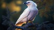 Beautiful and extraordinary white crow or albino raven in the forest illustration. Rare bird in outdoor nature background. AI generative image.