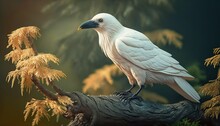 Beautiful And Extraordinary White Crow Or Albino Raven In The Forest Illustration. Rare Bird In Outdoor Nature Background. AI Generative Image.