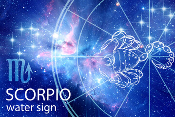 Wall Mural - astrology zodiac sign Scorpio Scorpion with the symbol, picture,  horoscope, stars and nebula in blue color like astrological concept