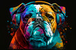Portrait of a English bulldog with headphones and colorful splashes on a black background.