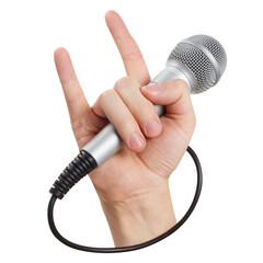 Hand holding a microphone and making a Rock and Roll sign, cut out