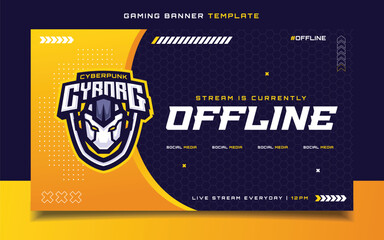 Stream is Currently Offline Gaming Banner Flyer with Cyborg Mascot Character Logo for Social Media Template