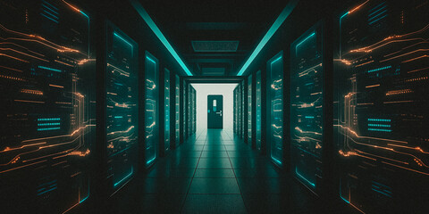 A tech engineer in a VR headset stands in a data center full of rack servers, designing the future. Generative ai.