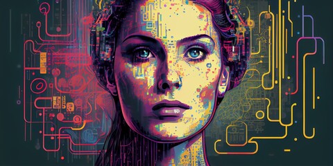 Wall Mural - Artificial intelligence, a humanoid cyber girl with a neural network thinks. Artificial intelligence with a digital brain is learning to process big data. Generative AI