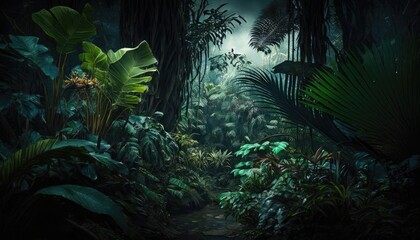 Dark tropical rainforest, jungle trees and plants in the fog. Generative AI illustration.