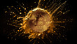 © leestat - Gold bitcoin symbol on black background. Bitcoin coins splashing out with golden dusts, digital art