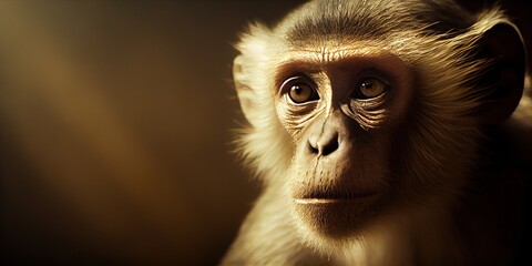 Monkey close-up. Smart conscious look of a little monkey. Portrait of a monkey on a dark background. Intelligent primate animal. Generative AI