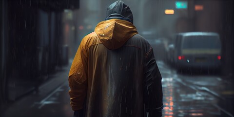 View of a man from the back. A man in a jacket with a hood. A man walks down the street in cloudy weather. City Style. Man on the street. rainy evening. Generative AI