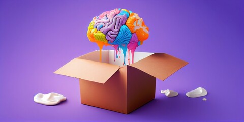 Colored brain in a box, thinking outside the box, creative ideas concept. Mental overload, busyness, stress at work, brain drain. Generative AI