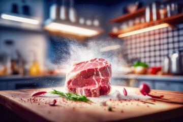 Wall Mural - Raw meat steak in kitchen. Cooking and gastronomy concept. AI generative