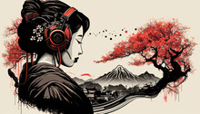 Classical Japanese Illustration Of A Geisha Using A Headphones. Generative AI