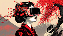 Classical Japanese Illustration Of A Geisha Using A VR Glasses. Generative AI
