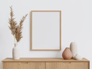 Living room on the white wall,clay vase for decoration on the sideboard minimal style ,frame form mock up