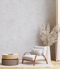 big white living room.loft interior design,big white chair,wooden table,floral in vase,carpet ,concrete wall for mock up and copy space
