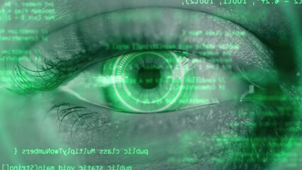 Digital eye with binary codes. Concept of future innovation and AI artificial intelligence technology. Neural network or machine learning background. Metaverse virtual reality