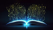 Electronic e book reading for study new skills, development of imagination, opened blue neon glowing e book with symbols, paperless book reading concept. Opened eBook for learning, generative AI