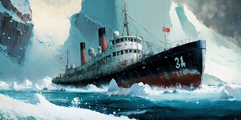 Wall Mural - A glacial ravine with an ice breaker ship Generative AI