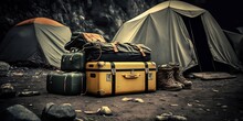 Sacs De Voyage Devant Une Tente De Camping, équipement De Randonnée - Generative Ai