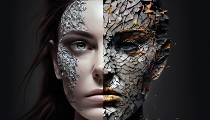 Divided female face for fragmentation face half, bipolar disorder concept woman with split dual personality and frequent change of mood. Woman split two half face crumbling small pieces, generative AI