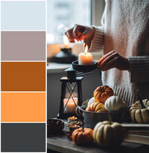 Design Palette Inspired By Beautiful Fall Moody Composition With Pumpkins And Candles. Designer Pack With Photo And Swatches. Harmonious Warm Autumn Colour Combination: Orange, Brown, Grey