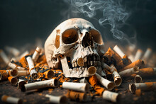 Anti-smoking Campaign, Skull Lies On A Large Pile Of Cigarette Butts Enveloped In Cigarette Smoke, Generative AI