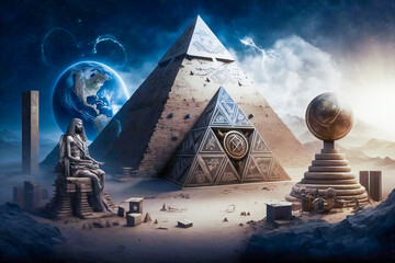 Wall Mural - Pyramid with astrology and esoteric symbols on it. Esoteric, ancient wisdom or freemasonry concept composition. Created with Generative AI technology.