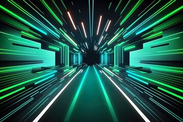 Wall Mural - Flashing green and blue lines illuminate the hallway as a snapshot of a neon backdrop flies ahead against it. Generative AI