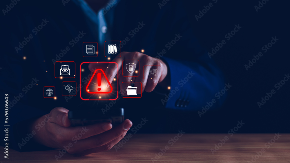 System warning hacked alert, cyber attack on computer network ...