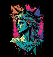 Statue Of Liberty. A Glance To The Left. Lots Of Bright Colors On A Dark Background. Paint Smudges. Suitable For T-shirts, Covers, Posters, Books.