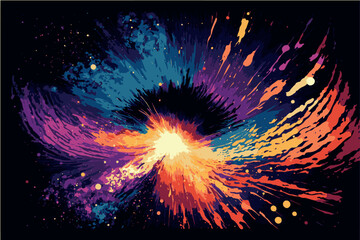 Wall Mural - Space background. Colorful explosion on dark wallpaper. Vector art. Futuristic explosion. Black hole astronomy view. Wave of light. Shining motion stars nebula. Cartoon drawing night painting