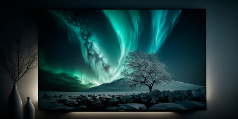 landscape in the arctic at the north pole among the snow on a background of colorful northern lights