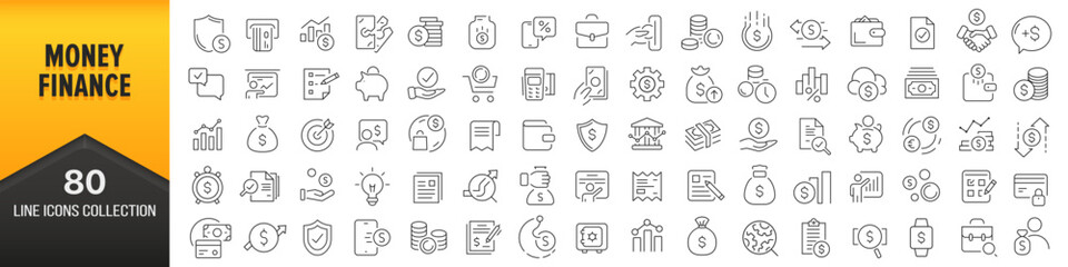 Wall Mural - Money and finance line icons collection. Big UI icon set in a flat design. Thin outline icons pack. Vector illustration EPS10