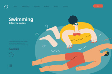 Lifestyle website template - Swimming - modern flat vector illustration of a man and a woman swimming in the pool. People activities concept