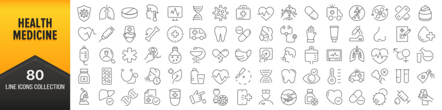 health and medicine line icons collection. big ui icon set in a flat design. thin outline icons pack