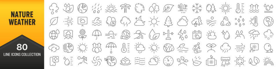 Wall Mural - Nature and weather line icons collection. Big UI icon set in a flat design. Thin outline icons pack. Vector illustration EPS10