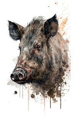 Wall Mural - Illustration wild boar in watercolor. Animal on a white background, generative AI