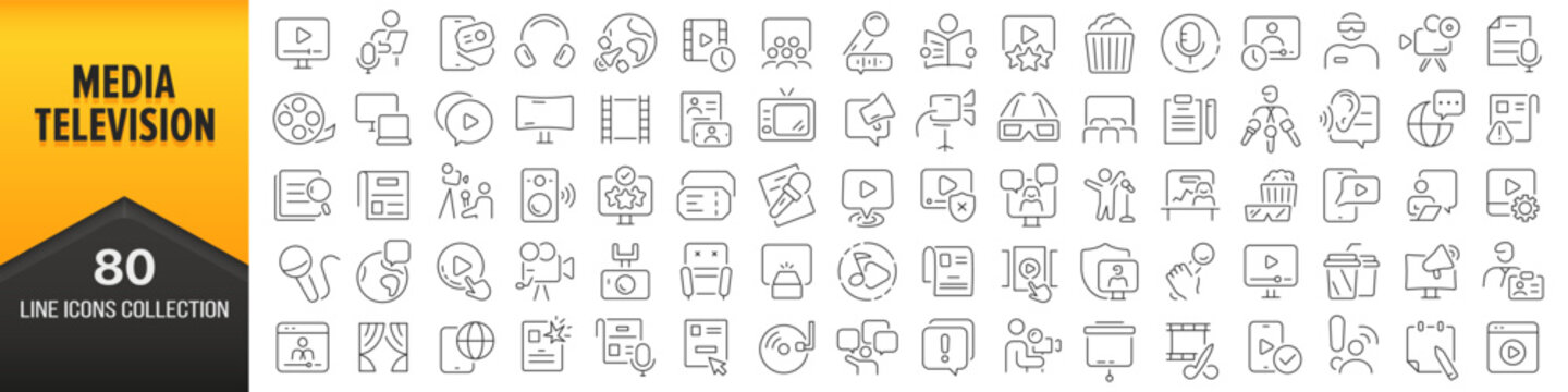 media and television line icons collection. big ui icon set in a flat design. thin outline icons pac