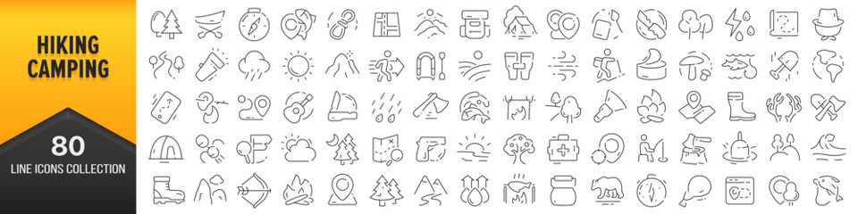 hiking and camping line icons collection. big ui icon set in a flat design. thin outline icons pack.