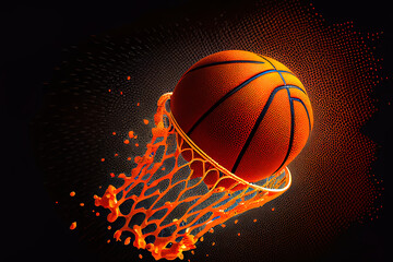 The orange basketball ball flies through the basket. Generative Ai