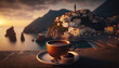 Cup of coffee with dessert on background of picturesque Italian coast. Based on Generative AI