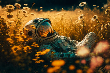 Wall Mural - Astronaut lies in flower field, astronaut in spacesuit, astronaut rests in middle of flower field, generative ai