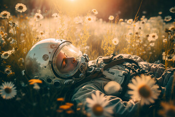 Wall Mural - Astronaut lies in flower field, astronaut in spacesuit, astronaut rests in middle of flower field, generative ai