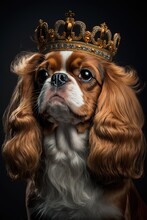 Cavalier King Charles Spaniel Dog Wearing A Crown - Animal Kingdom Concept - Generative AI