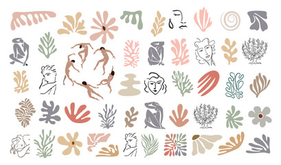 Wall Mural - Set of abstract organic shapes, exotic jungle leaves, female nude silhouettes, algae. Trendy Matisse inspired style. Contemporary vector art illustration isolated on white background. Digital stickers