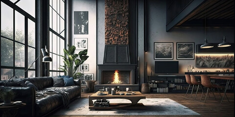 Poster - Modern home interior with fireplace, 3d render Generative AI