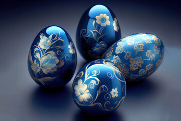 Wall Mural - Creative easter layout made of colorful eggs and flowers on blue. Generative Ai