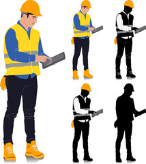 Wall Mural - Construction worker holding tablet wearing helmet and vest. Different color options. Worker silhouette. Hand-drawn vector illustration isolated on white. Full length view	